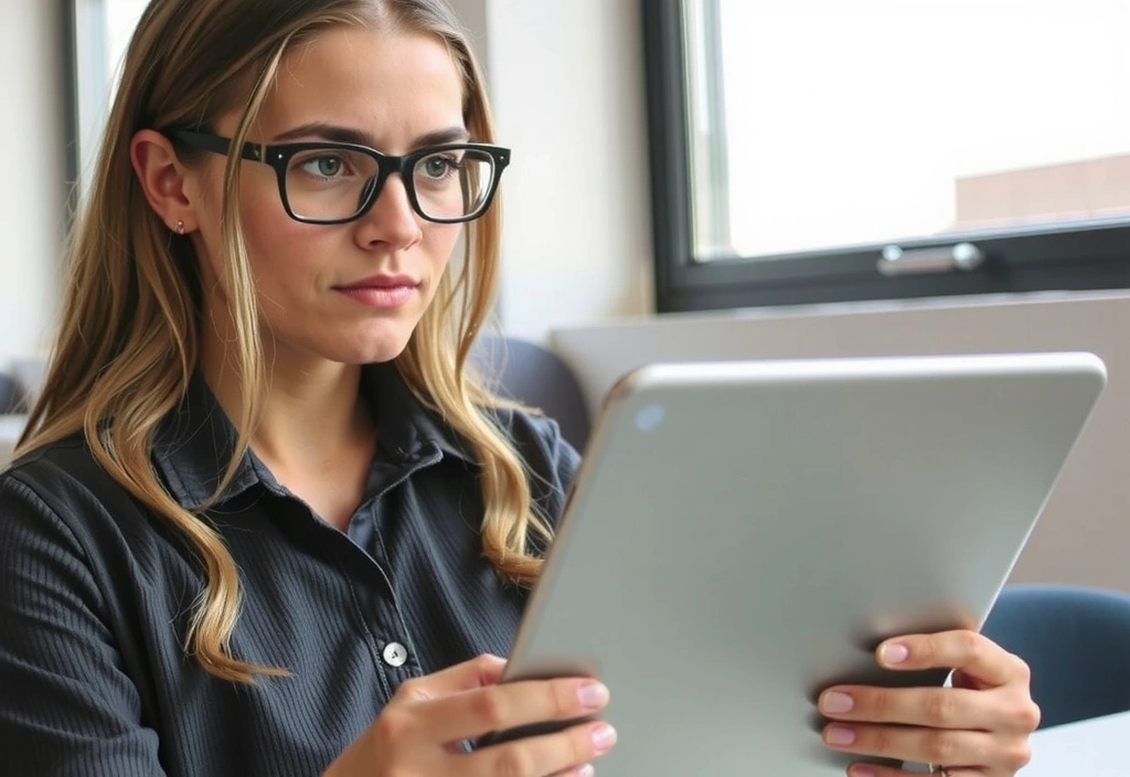 Illustration d'une personne lisant attentivement un document sur une tablette, symbolisant la compréhension des CGU.